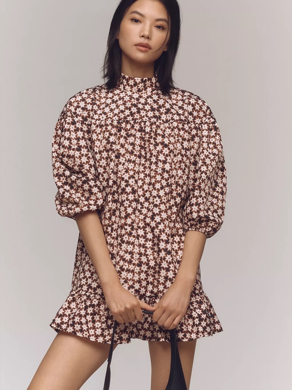 Anthropologie Mock Neck Dress Swing Mini Star Print Puff Sleeve Navy Size Xs